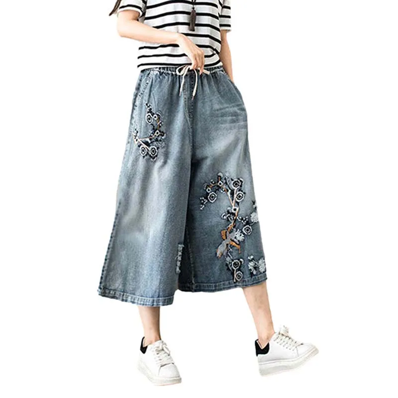 

Idopy Women Floral Embroidery Elastic Waist Wide Leg Flare Loose Fit Baggy Capri Jeans Pants