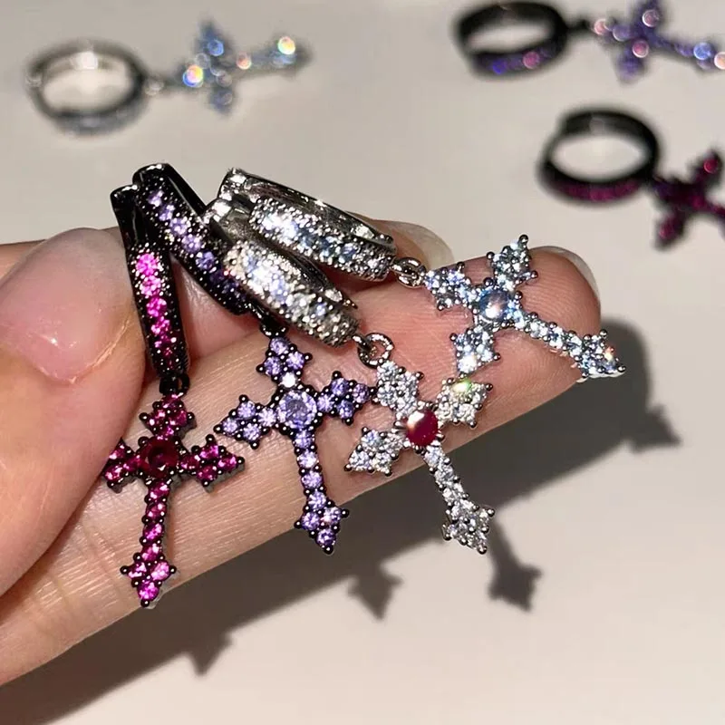 1PC Stunning Colorful Zircon Cross Pendant Hoop Earrings for Women Gothic Cool Girls Hip Hop Unisex Party Piercing Y2K Jewelry