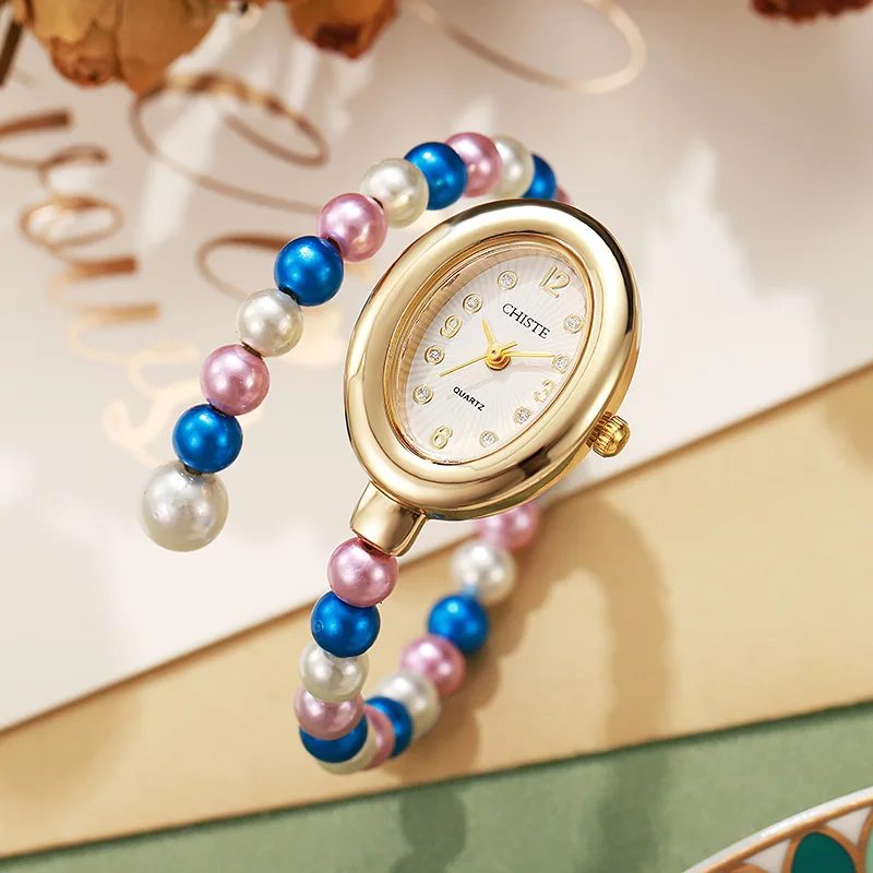 Fashion Rainbow Pearl Women's Bracelet Watch Elegant Oval Small Dial Quartz Wristwatch for Ladies Female Clock Jewelry Gifts