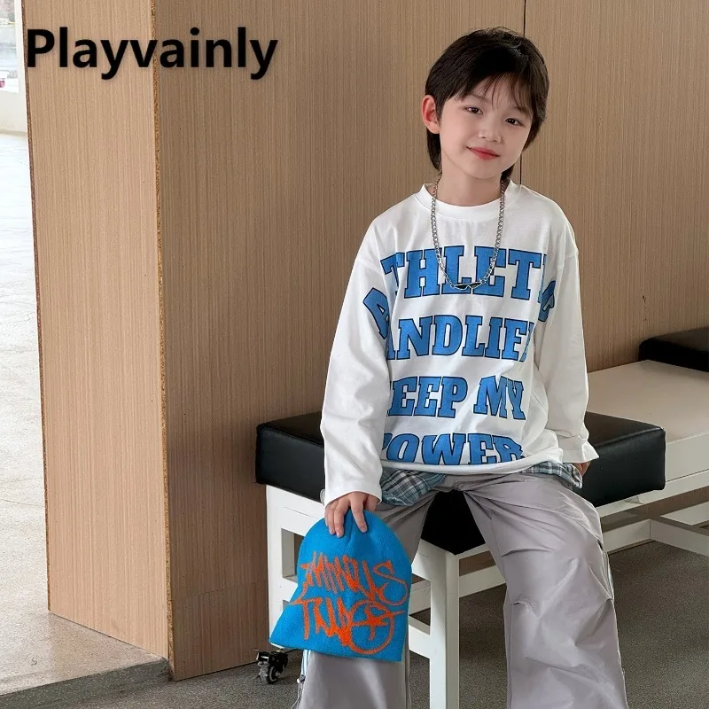 

Модная футболка с длинными рукавами для мальчиков, весенне-осенние кремово-белые повседневные свободные топы с круглым вырезом и буквенным принтом, детская одежда A5010
