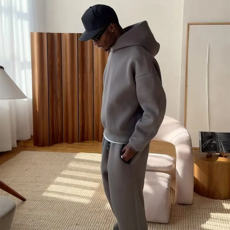 سويت شيرت رجالي كبير الحجم بلون سادة، سويت شيرت Y2K عالي الجودة مكون من قطعتين، بنطال كاجوال مستقيم الساق، ملابس خروج للزوجين
