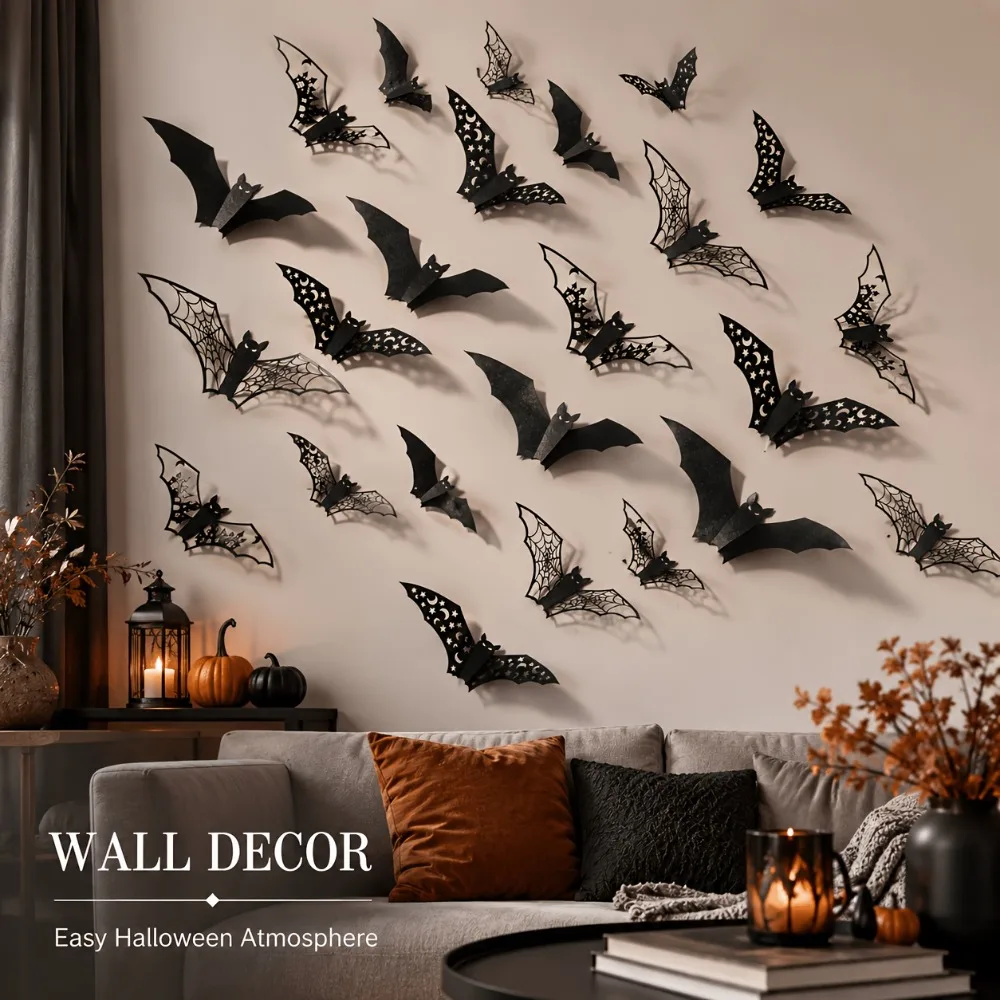 24pcs Halloween 3D Bats Decorations Hollow Out Bats Wall Decor Paper Scary Bat Stickers Halloween Party Supplies Black Bats