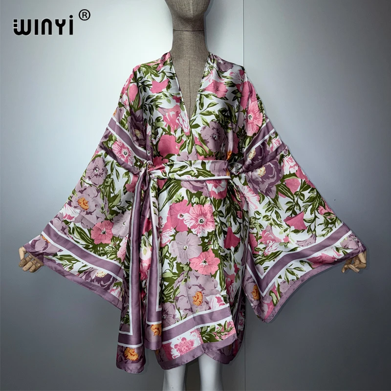 WINYI Women's Classic Pattern Print Kimono Long Bohemian Cardigan Cover-Up Stitch Casual Maxi Beach Kimono for Holiday Party