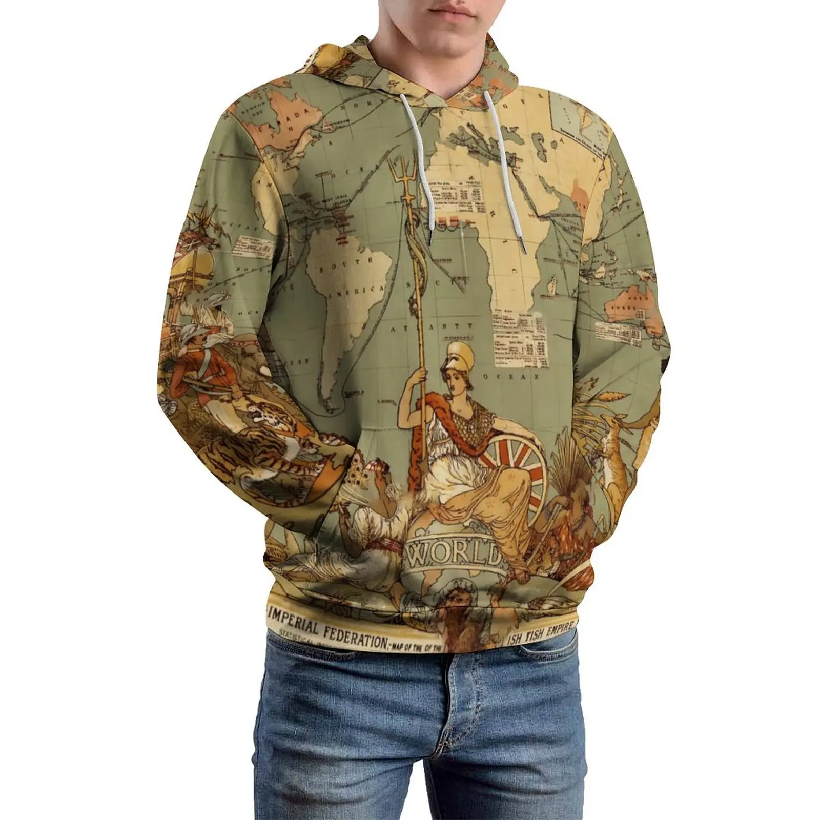 

World Map Loose Hoodies Antique 1886 Pretty Pullover Hoodie Male Long Sleeve Oversized Casual Printed Tops