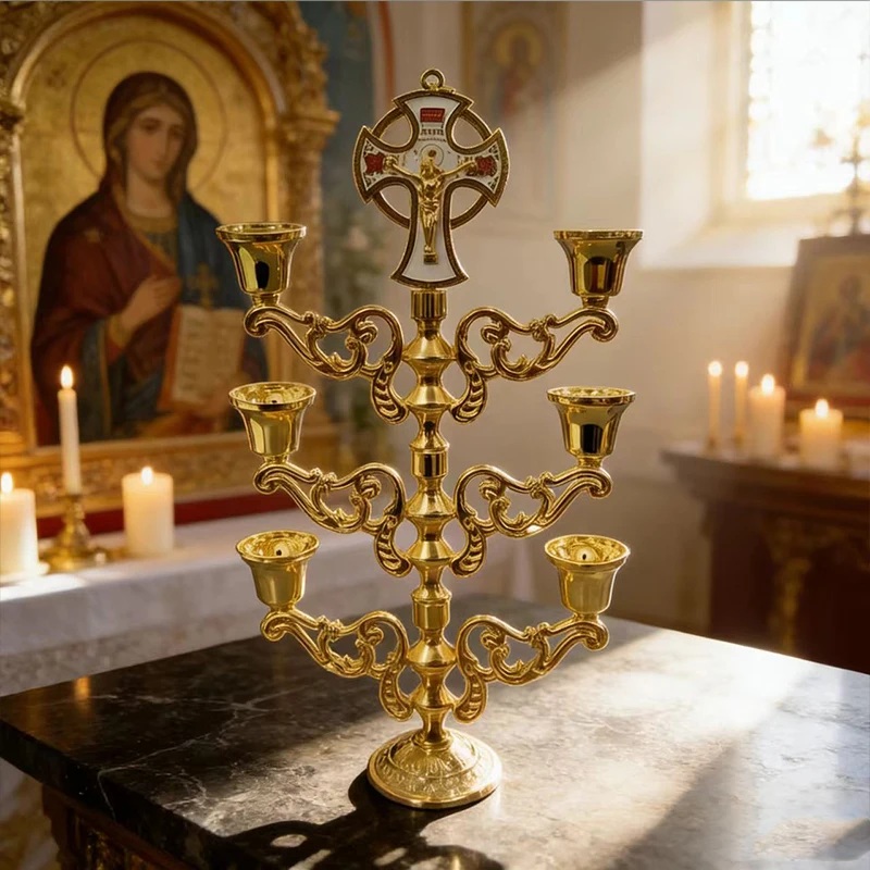 

New Gold Plated Orthodox Seven Branch Candelabra with Crucifix Cross for Church Liturgy Home Altar Devotion Christian Gift Decor