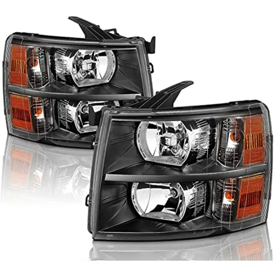 

AP Black Housing Headlight Assembly for 2007-2014 Chevy Silverado 1500 2500HD 3500 with Amber Reflector Durable Plastic Housing