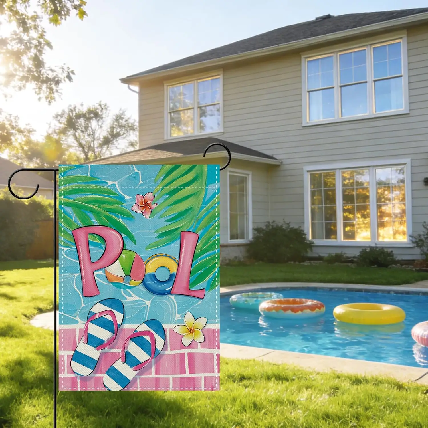 Summer Pool Decorative Garden Flag, Flip Flops Ball Palm Leaves Small Yard Outside Decorations, Hawaii Tropical Burlap Outdo jjp