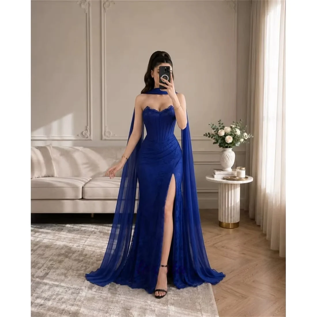 

Royal Blue Lace Slit Long Bespoke Occasion Gown Evening Dresses Prom Pastrol Unisex Jersey Retro Dubai Saudi Arabic Customized