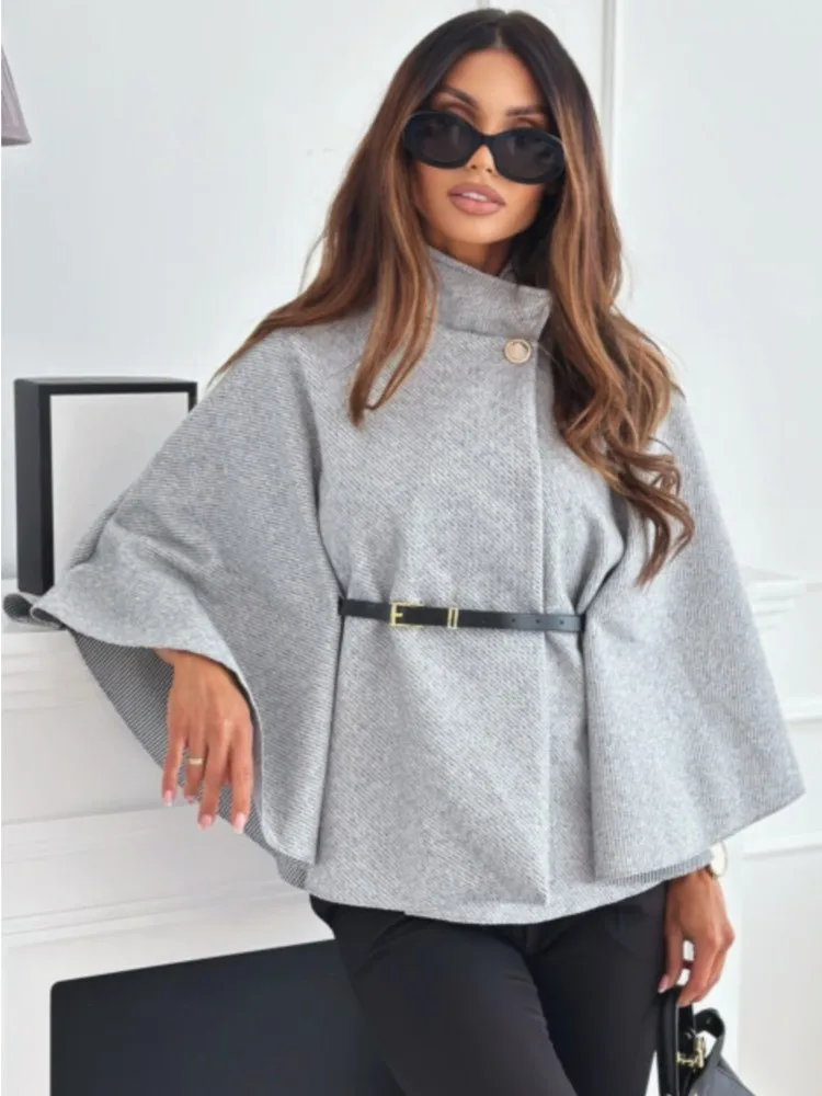 Women Solid Single Buckle Batwing Sleeve Coat Fall/ Winter Elegant Half High Neck Cloak Cape Woollen Tweed Poncho Loose Outwear