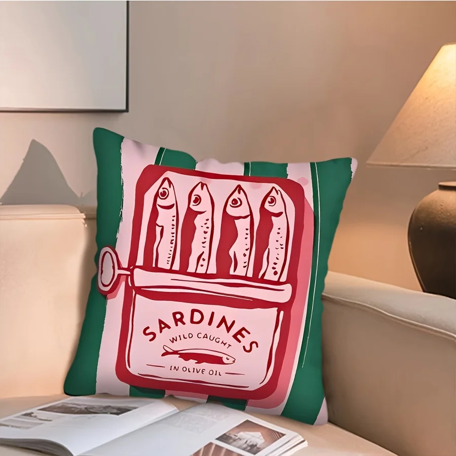 Sardines Pillow Cover Vintage Canned Fish Art Decorative Cushion Case – 18x18 Inch, Zippered Machine Washable for Kitchen