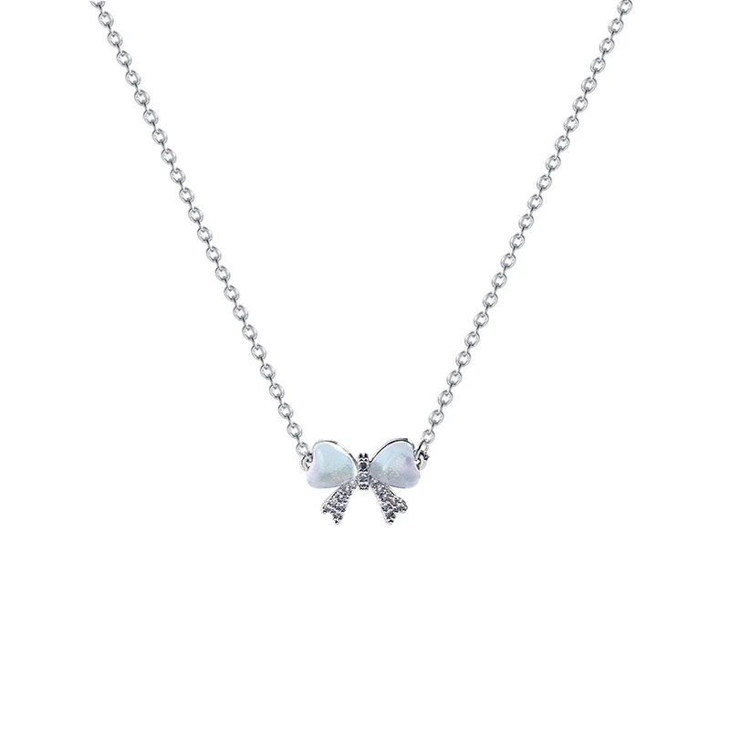 Light And Luxurious Opal Bow Necklace Women\'s Ins Fashionable And Versatile Temperament Small And Fresh Titanium Steel Chain