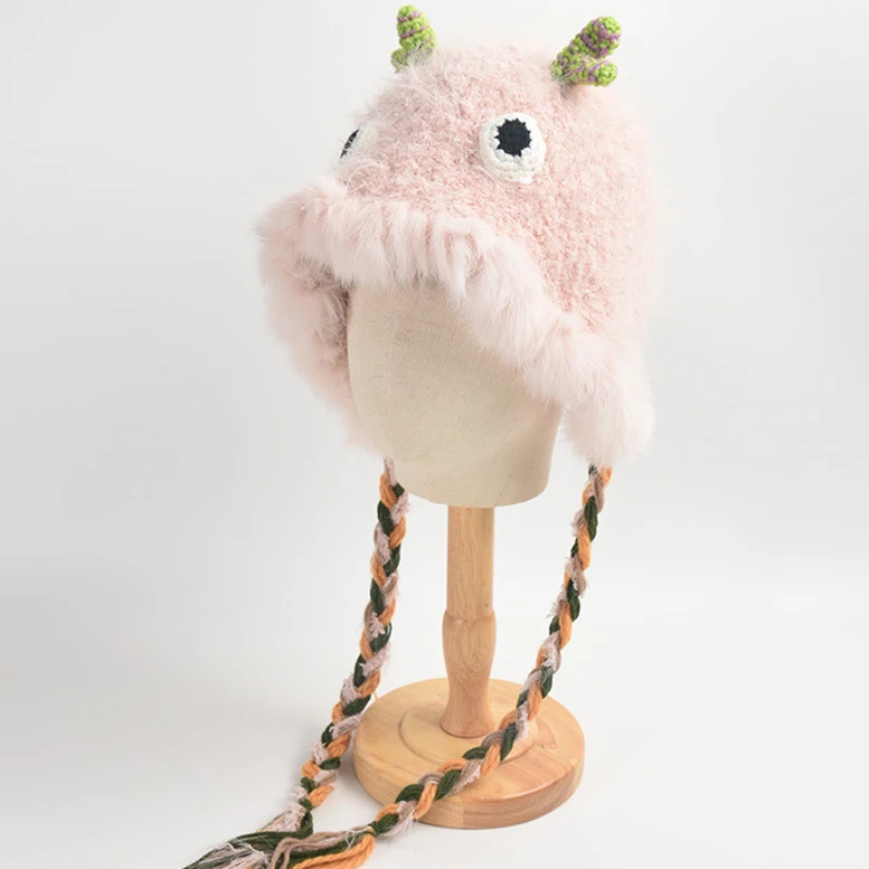 

Fashionable Rabbit Fur Bucket Hat, Cozy Knitted Hat with Cartoon Design for Women, Winter Accessory