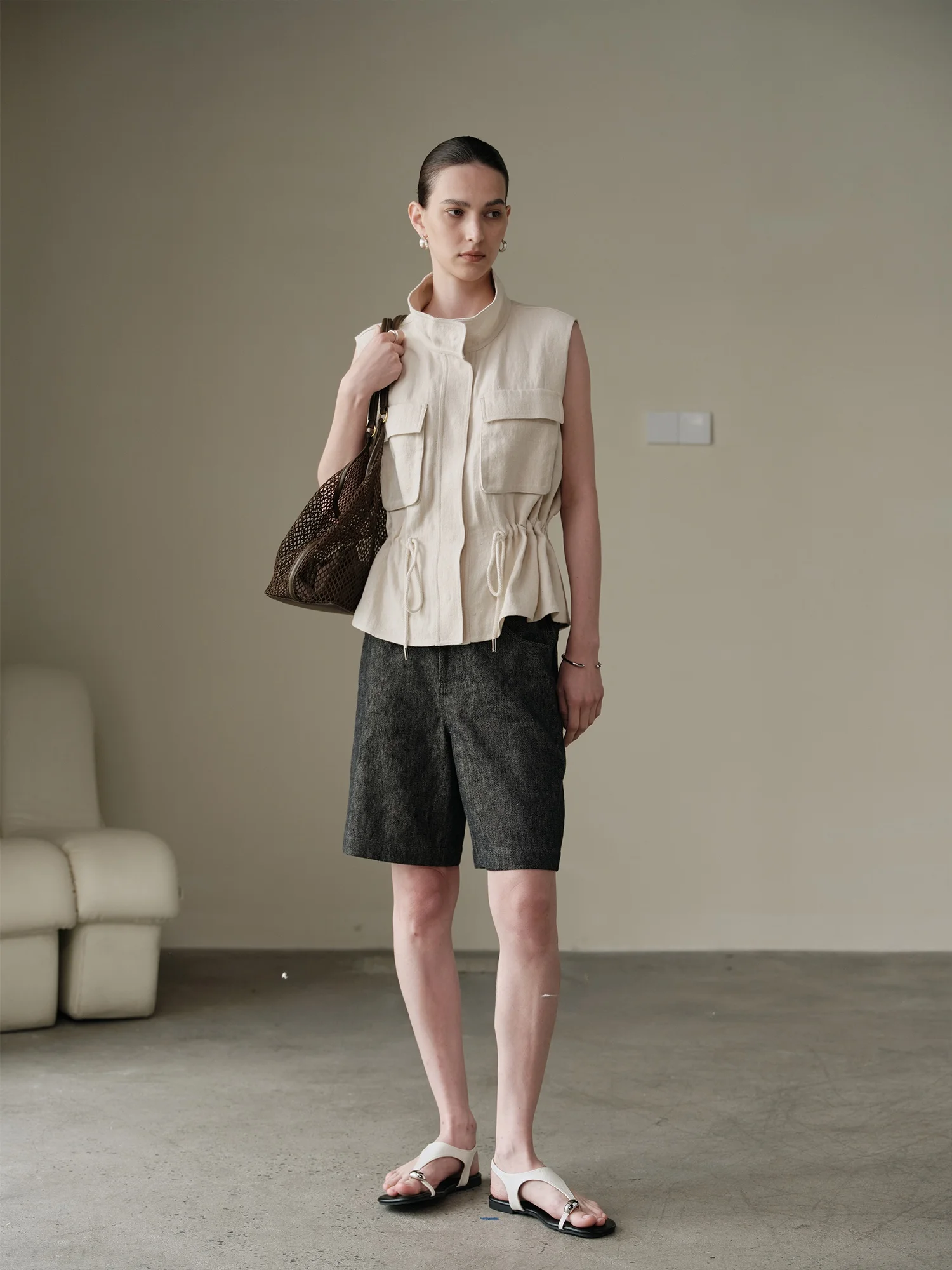 

High Waist Bermuda Five-Point Cotton Linen Denim No-Wa Sle Color Woven Casual Straight Leg Pants for Ladies