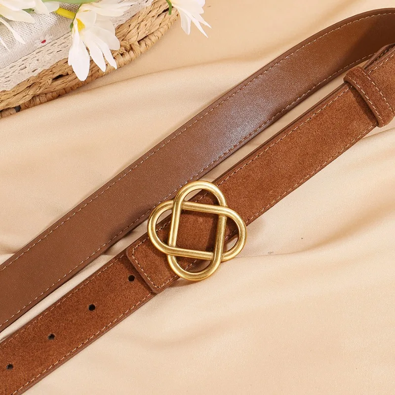 Trendy Women Belt Genuine Leather Strap with Cross Flower Buckle for Pants Fashion Accessory