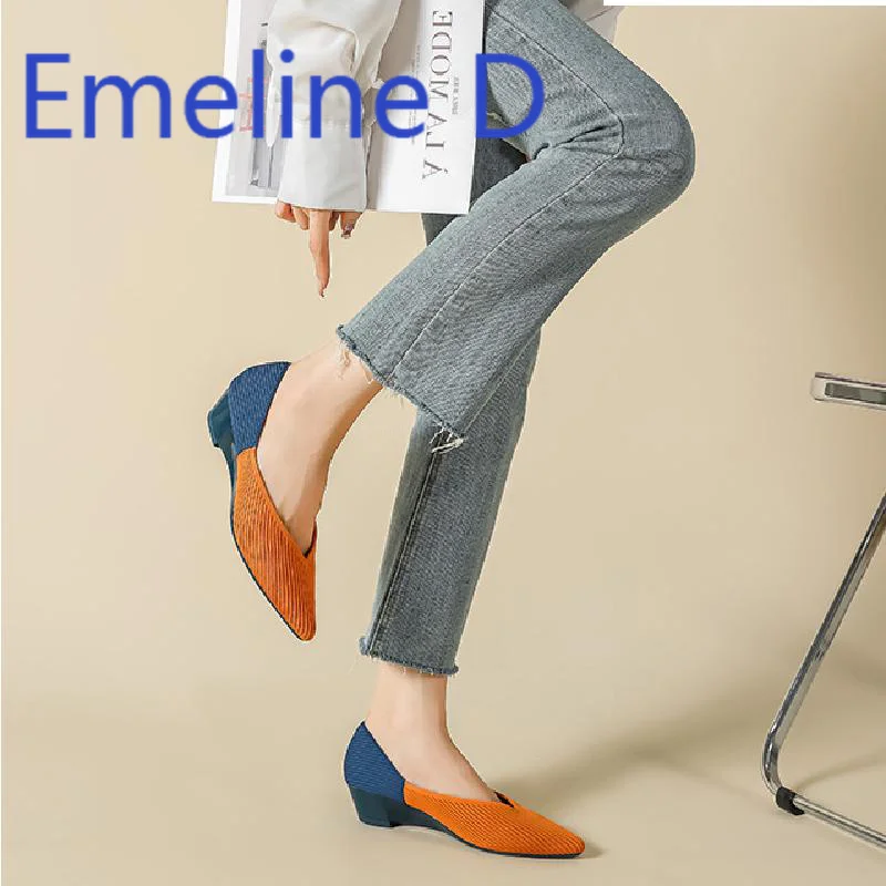 

Slope Heel Knitted Soft Soled Shoes, Fashionable Handmade Knitted Women's One Foot Lazy Pointed Shallow Mouth Single Shoes