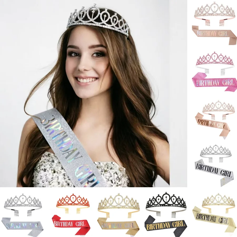 2-teiliges Geburtstagsmädchen Tiara-Kronen-Schärpen-Set - Party-Deko-Geschenk für Frauen, Mädchen & Geburtstagsfeiern für jedes Alter