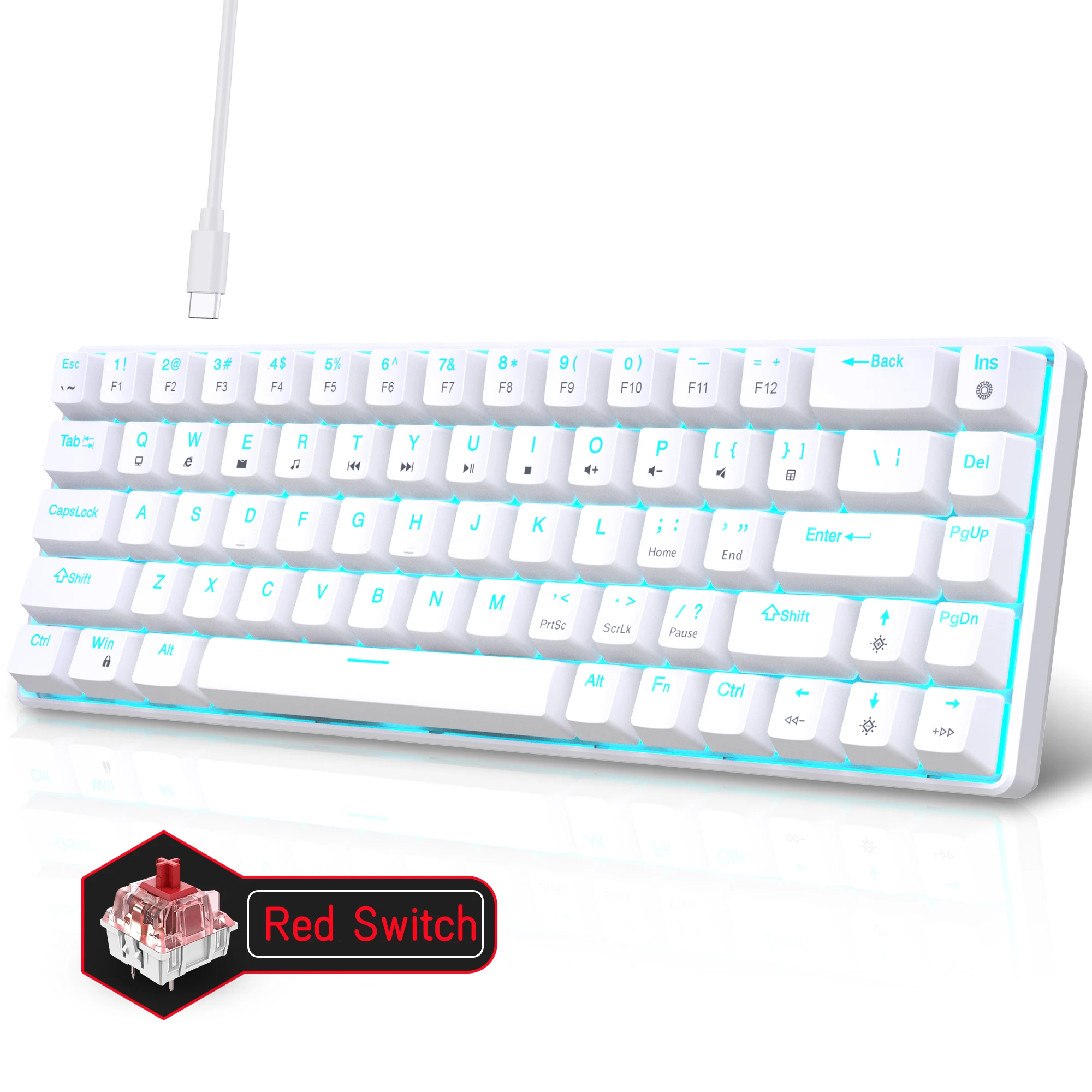 

68 Keys Mechanical Keyboard Ergonomics RGB Backlit LED Hot Swappable Red/Blue Switch Gaming Keyboard for PC Laptop Office