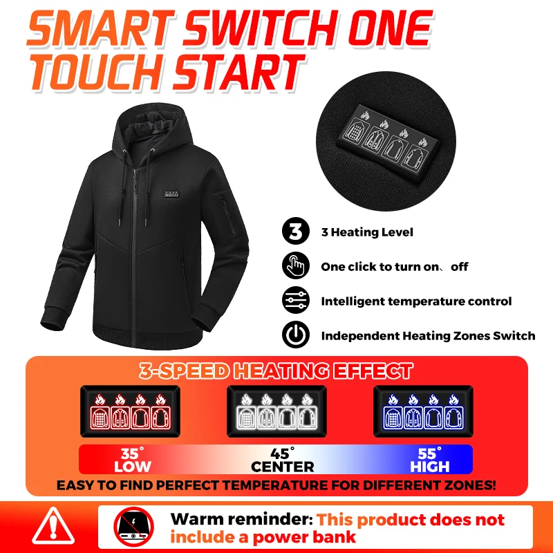 26 Heated Areas Electric Heated Jacket Men Women USB Rechargeable Warm Vest Hoodie 3 Gear Temperature Winter Outdoor Sports Coat