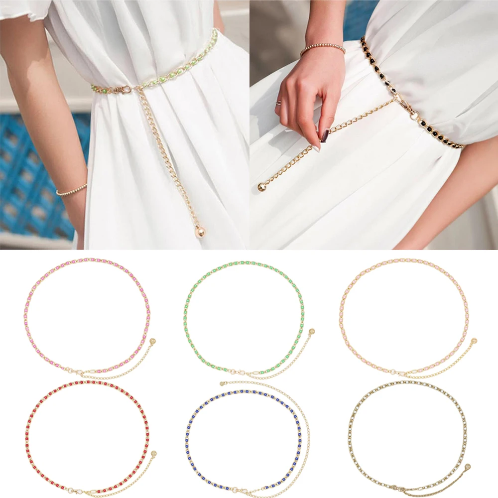 Women\'s Candy Color Pearl Beads Metal Thin Waist Belts Luxury Brand Harajuku Slim Chain Belt Dress Accessories Cinturon Mujer