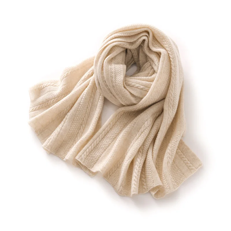 

High Quality 100% Cashmere Scarf, Women's Twisted Flower Knitted Scarf, Autumn Winter Thick Warm Solid Color Scarf Shawl Luxury
