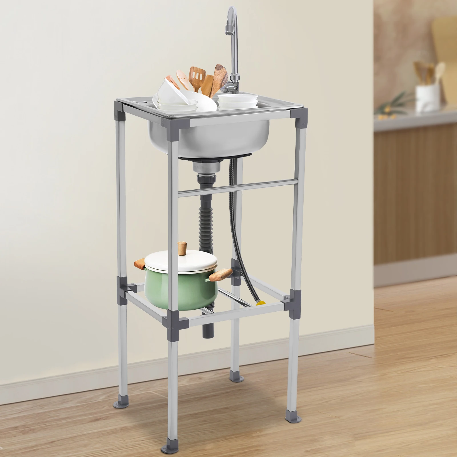 Fregadero independiente de acero inoxidable, fregadero multiusos con barras de almacenamiento, 360 °   Grifo giratorio para uso comercial de lavandería de cocina