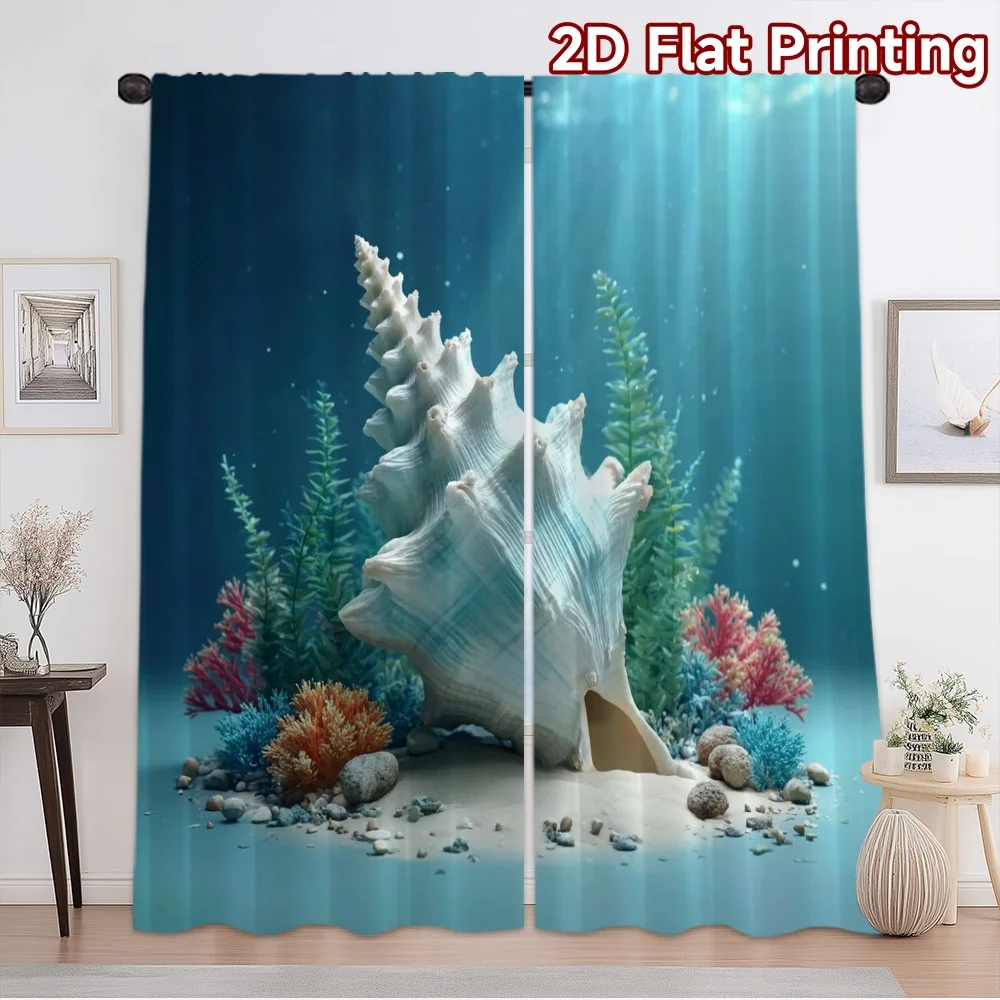 2D flat printing 2pcs Curtain Party Curtain Underwater Shell Scene Digital Printed Polyester Drapes Festive Wall Decor Perfect