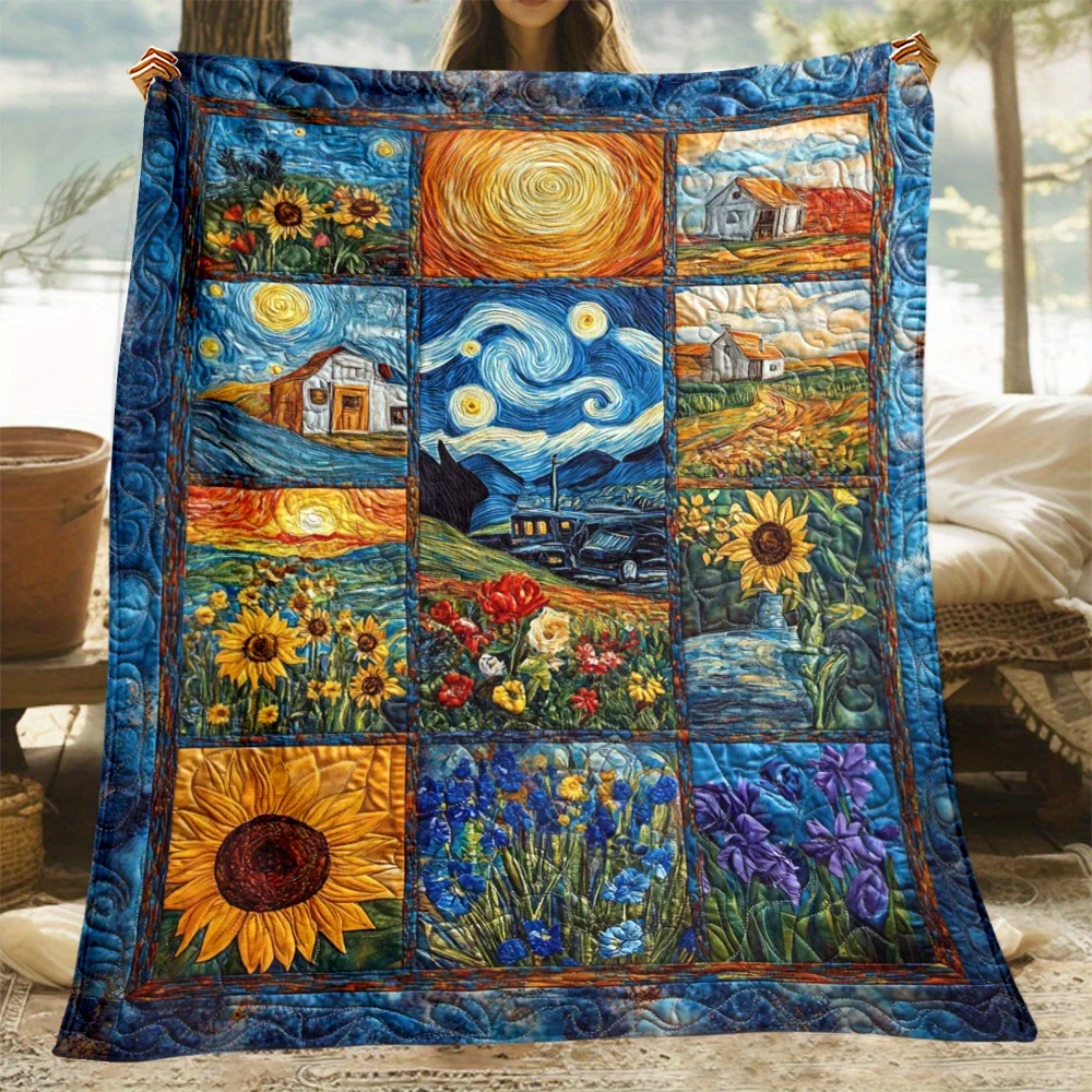 Van Gogh Masterpiece Puzzle Flannel Blanket - Soft, Lightweight & Warm | Vibrant Artistic Design with Starry Night & Sunflowers