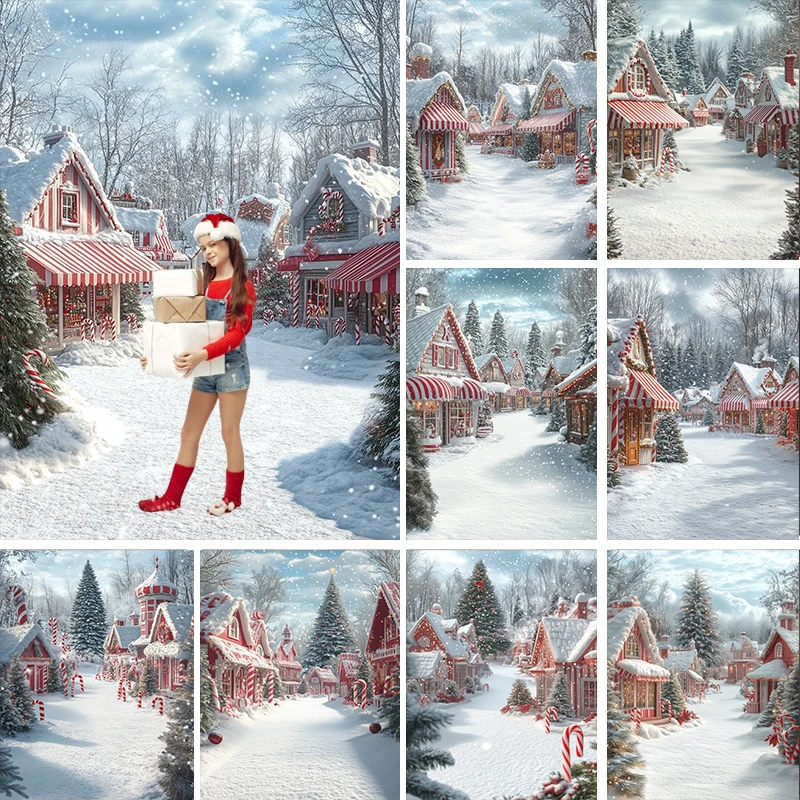 

LS Photography Background Christmas Shop Street Glitter Snow Xmas Tree Kids Family Portrait Decor Backdrop Photo Studio