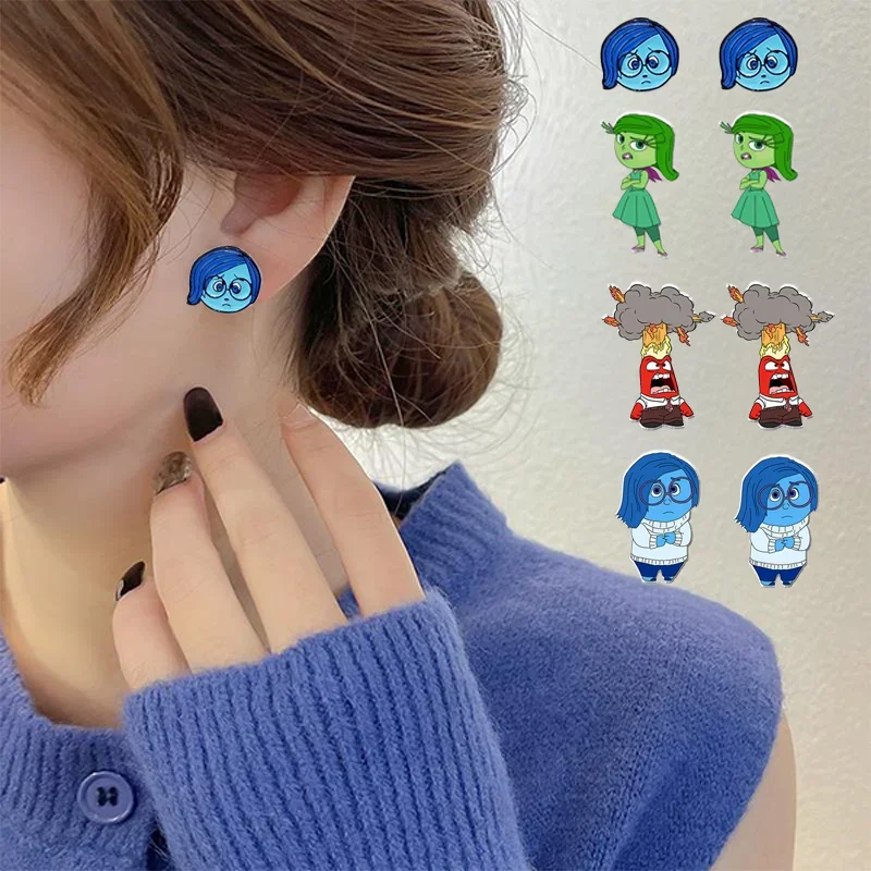 Disney-pendientes de botón de 2 piezas para mujer, aretes de personajes de Anime Kawaii, Joy, Anger, disgusto, triste, miedo, ansiedad, bochorno, Envy, regalo