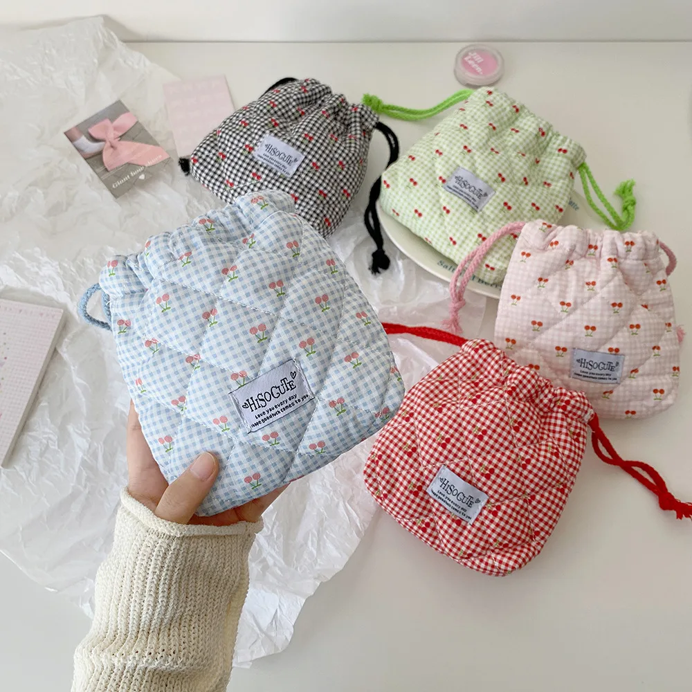1pc Cute Cherry Drawstring Makeup Bag Cherry Print Toiletry Pouch Travel Portable Cosmetic Storage Bag