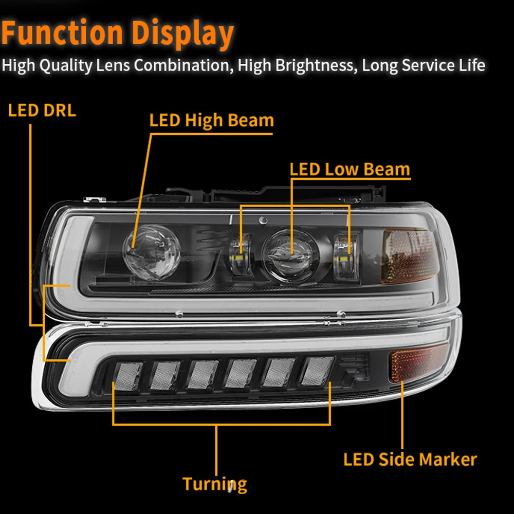 Reflektory samochodowe LED z lampami zderzaka do chevroleta Silverado 1500 2500 1999 2000 2001 2002 Chevy Tahoe ulepszony przednie światła Led