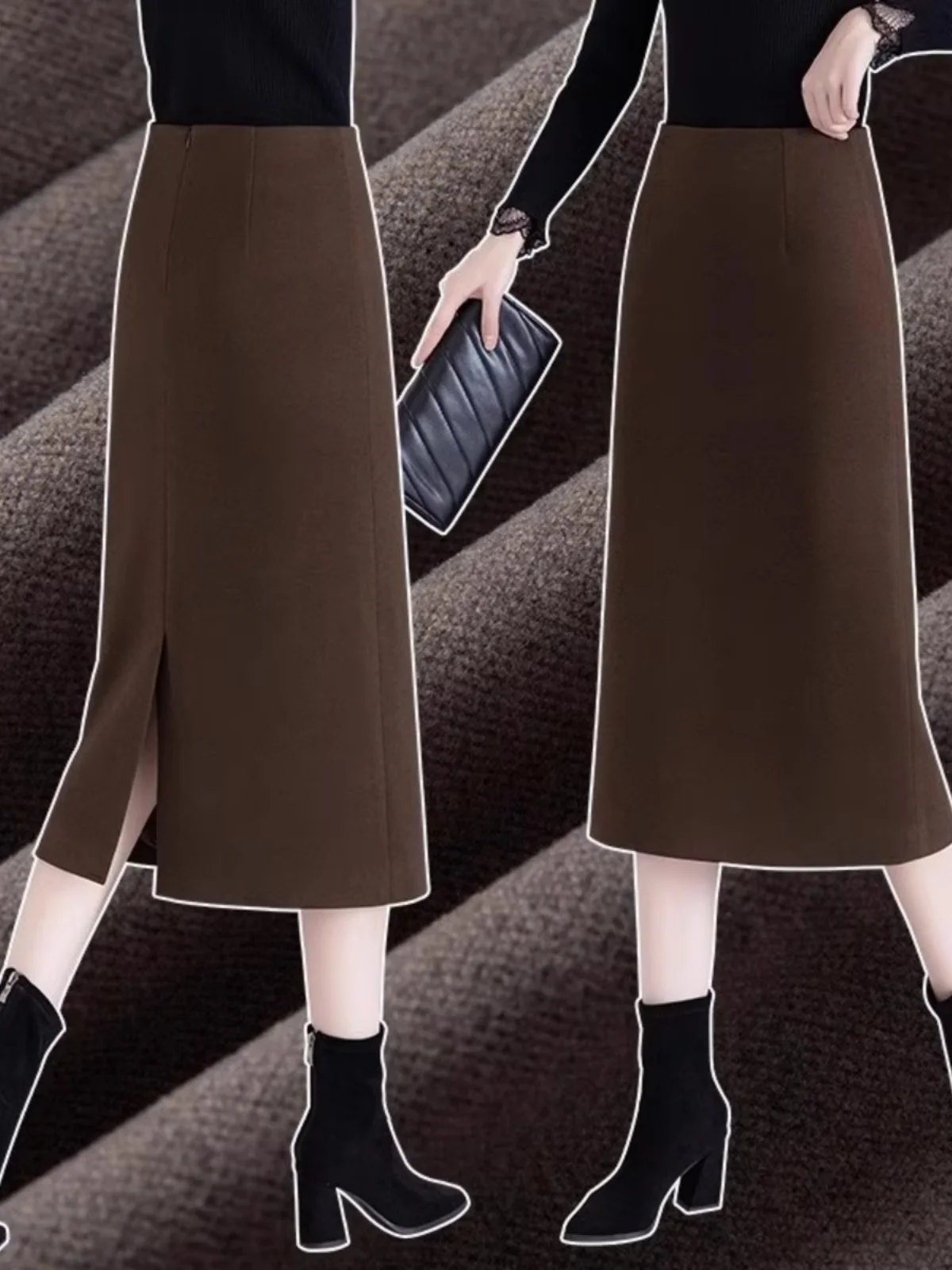 

Юбка трапециевидной формы с высокой талией для женщин, шерстяной материал, деловая юбка средней длины, одношаговая юбка с эффектом похудения, длинная юбка