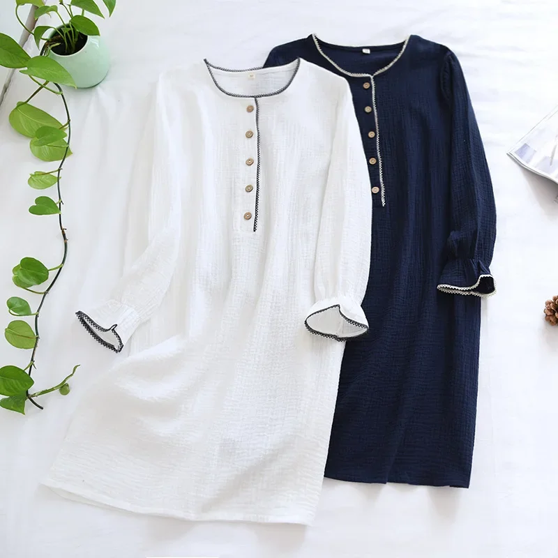 Ladies Pure Cotton Night Dress Women Sleepwear Spring Summer Thin Long-sleeved Double-layer Gauze White Blue Casual Home Wear