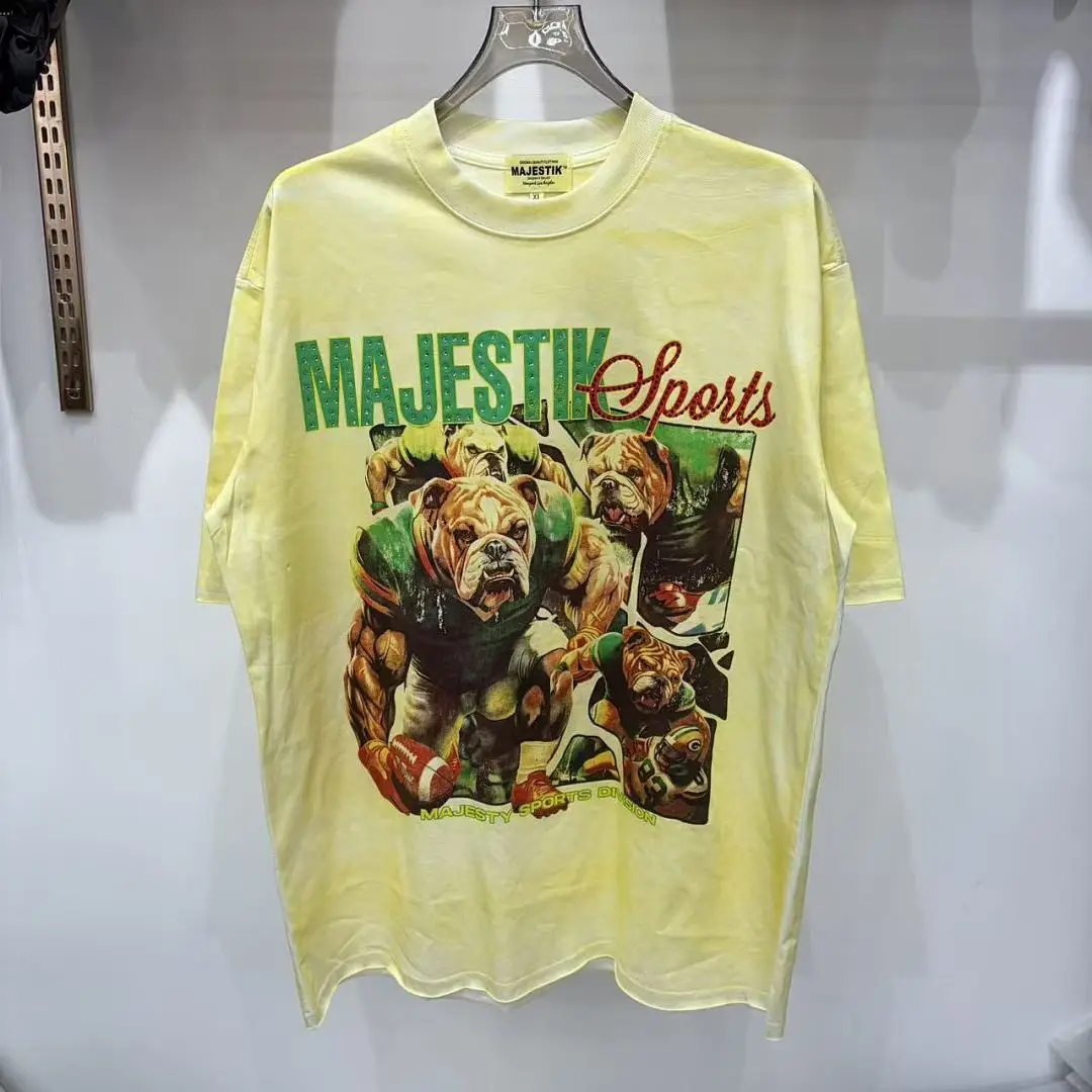 26ss Majestik Bulldog Football Print T Shirt Men Vintage Nice Washed Oversized Streetwear Hip Hop Sports Tees