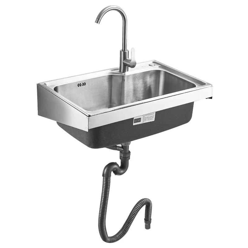 

Small Apartment Kitchen 304 Stainless Steel Sink with Bracket Washing Basin Wall Hanging Upper Bracket Double Slot Single Groove