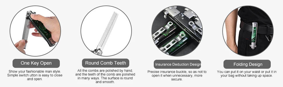 Messer Kamm Klapp Kamm 3 Farben Edelstahl Switchblade Feder Öl Haar Kamm Faltbare Haarstyling Pinsel – Detail 3