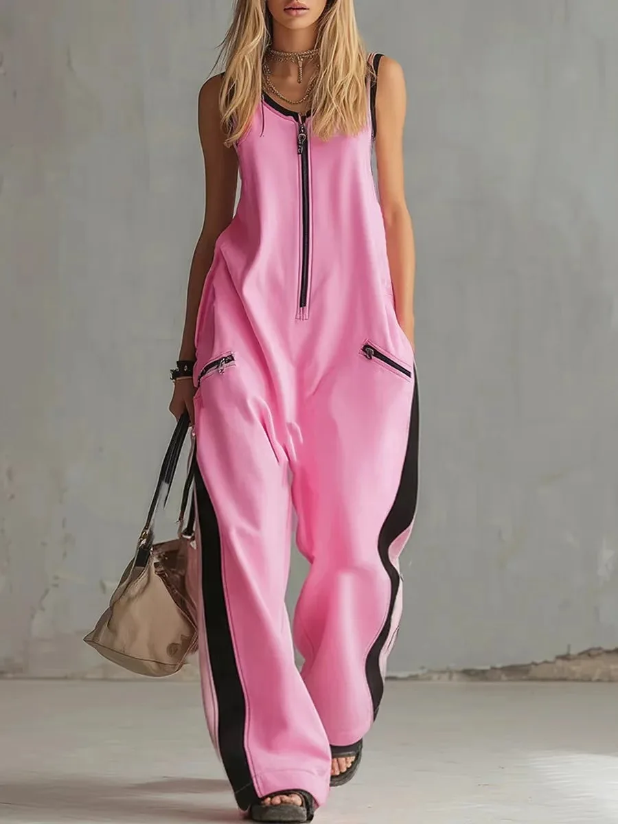 

Casual O Neck Wide Leg Jumpsuit Women Summer Zipper Sleeveless Vintage Elegant Color Blocking Loose Pants Jumpusits Woman Romper