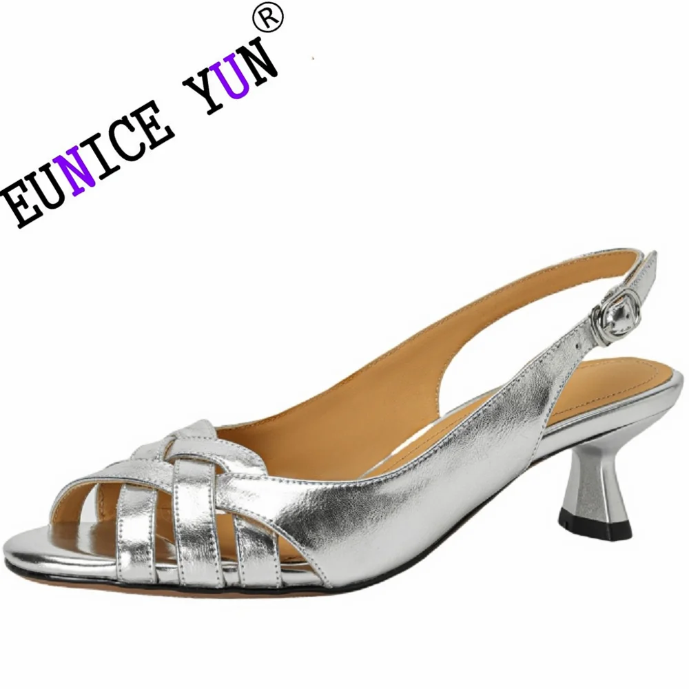 

【EUNICE YUN】Brand Genuine Leather Medium Heels Pumps Shoes Woman Sexy Point Toe Office Dress Shoes Ladies Sandals 34-40