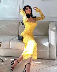 Robe de Bal en Dentelle Jaune Personnalisée pour Femme, Tenue de Cocktail Sexy à Col Carré, Manches sulf, VincFormelle d'Anniversaire, Peu importe