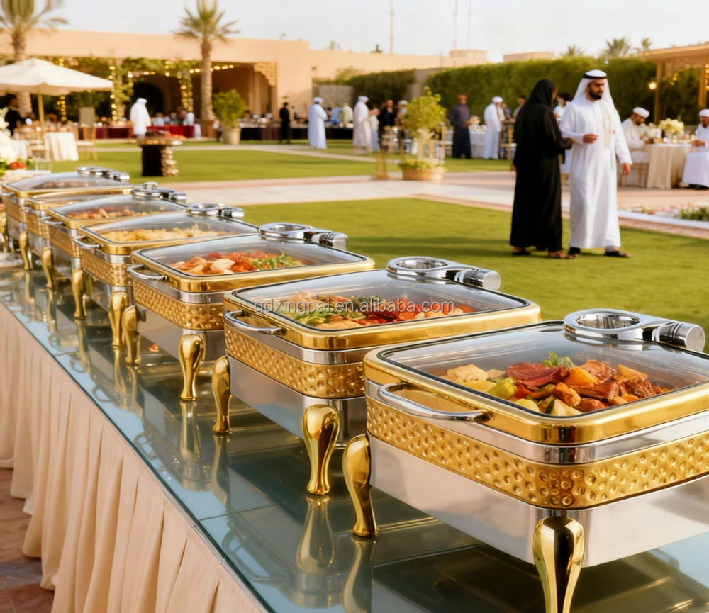 XINGPAI Dubai Hotel Supplies Hammered Luxury Gold Chafers Stainless Steel Chafing Dish With Visible Glass Lid