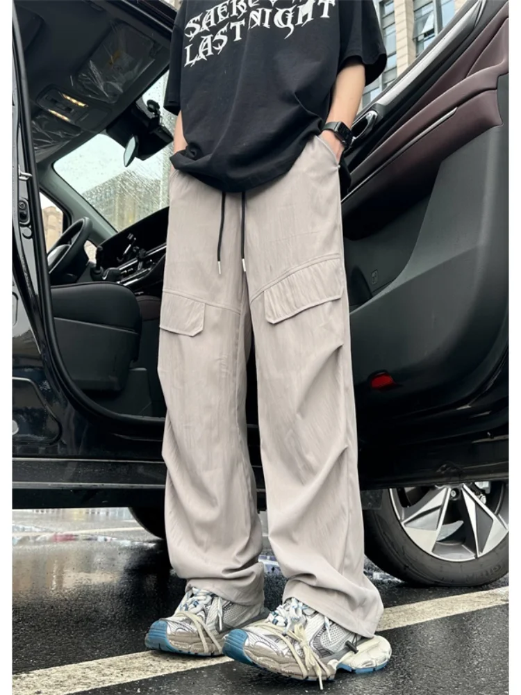 

Ice Silk Men's Casual Pants Summer Thin Straight Leg Drapey Workwear Sports Long Trousers Loose Trendy Wide Leg Trousers