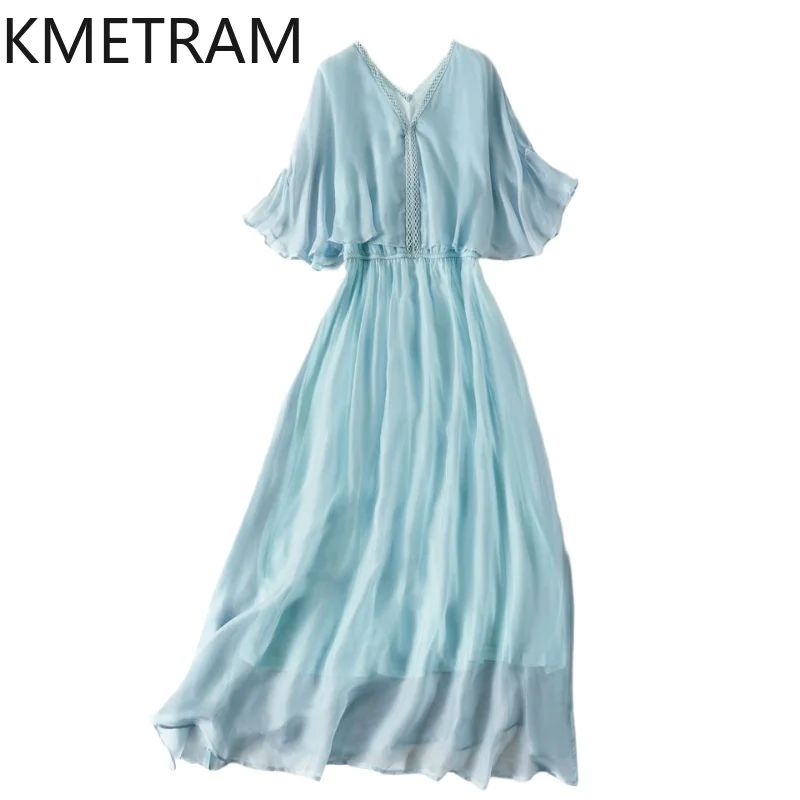 

KMETRAM 100% настоящее шелковое платье тутового шелка, женское лето 2022, длинные платья для отпуска, элегантные платья с v-образным вырезом, женская одежда, Vestidos