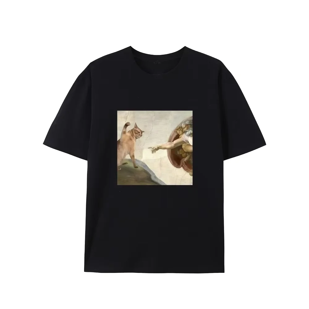 Humorous Cat and Adam Creation Parody Graphic T-Shirt Casual Crew Neck Tee Fashion Harajuku Kawaii T-shirt Women's Y2K Clothing
