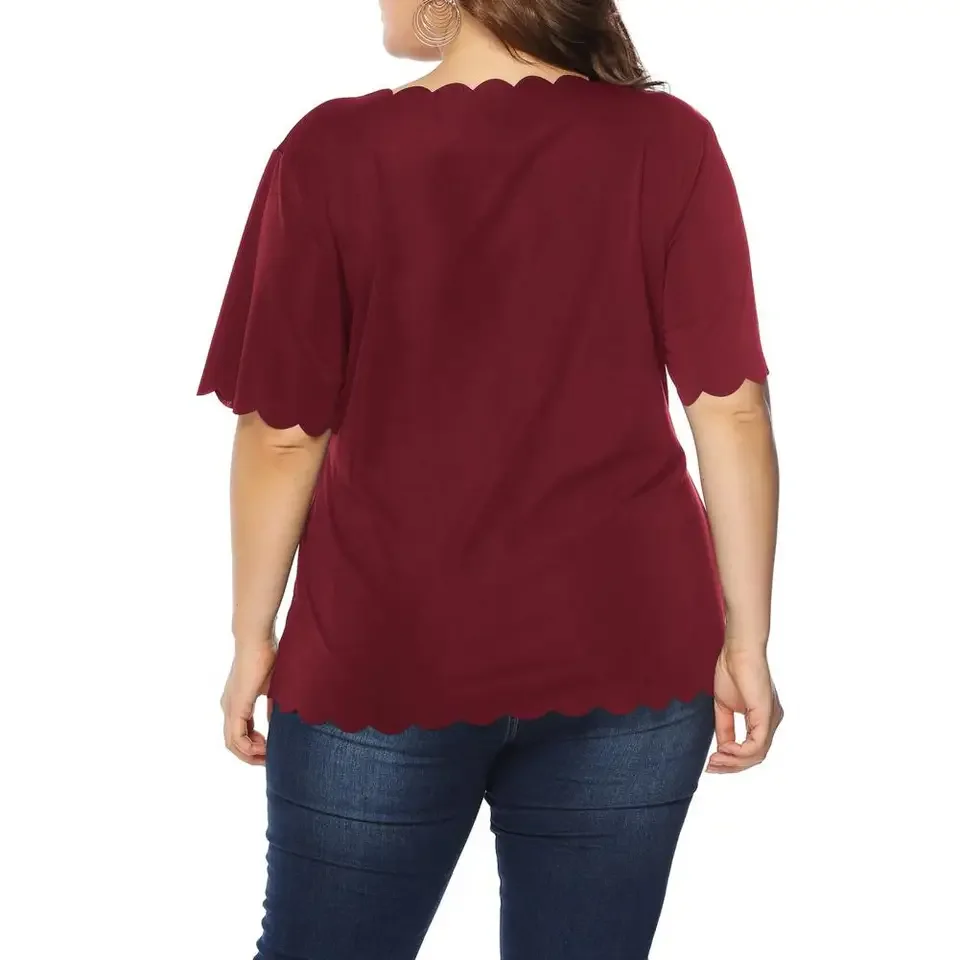 

Trendy Detail Blouse Stylish Plus Size Short Sleeve Tops for Women Blouses with Wave Hem for Home or Vacation Summer Fashion