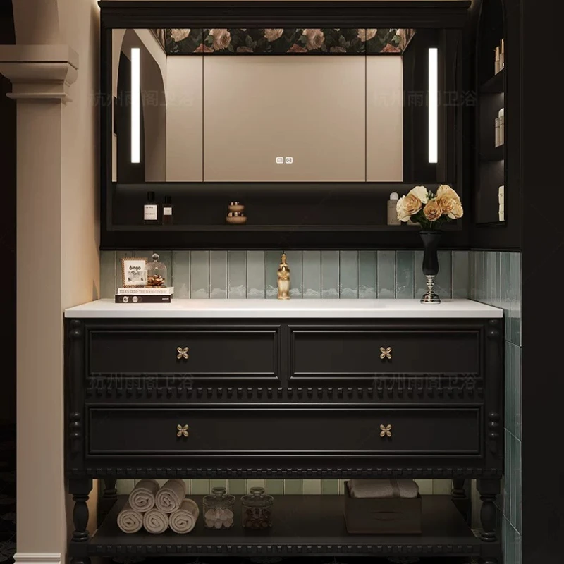 Retro French Bathroom Cabinet Black Solid Wood Vanity Marble Countertop Drawer Storage & Decorative Floral Top Trim LED Mirror