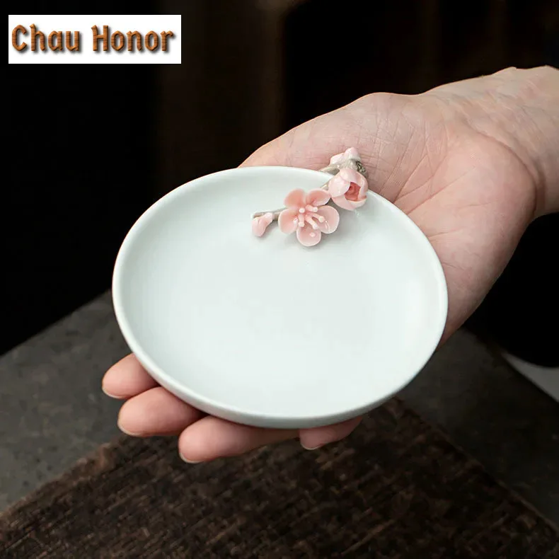 Handmade Knead Pink Plum Blossom Ceramic Teacup Coaster Boutique Azure Ru Kiln Celadon Heat Resistant Placemats Kung Fu Teaware