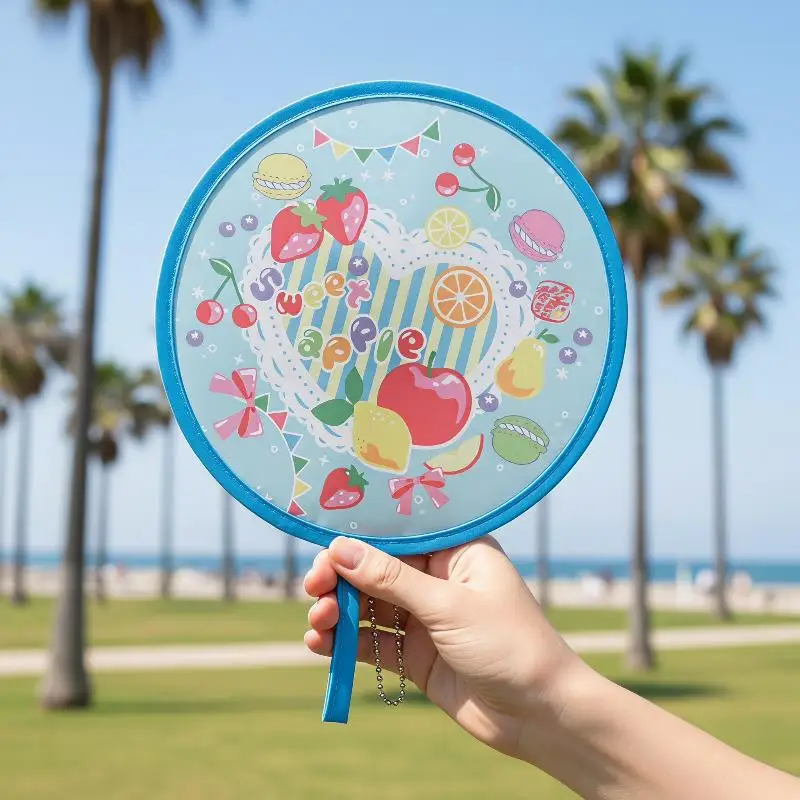 NewFoldable Round Hand Fan With Cute Colorful Prints And Portable Hanging Chain Perfect For Summer Outdoor Trips Daily Use