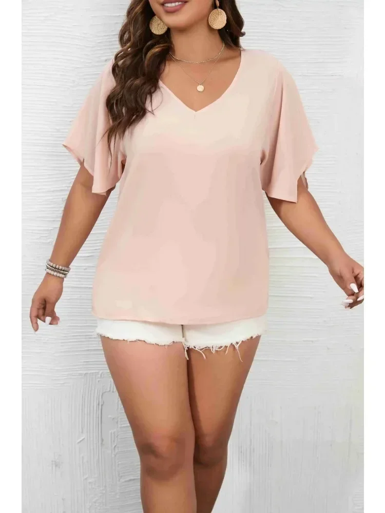 Plus Size 1XL-5XL Women's Solid Color  Short Sleeve Blouse V Neck Bell Sleeve Blouse Casual Pullovers Shirt Top image 2