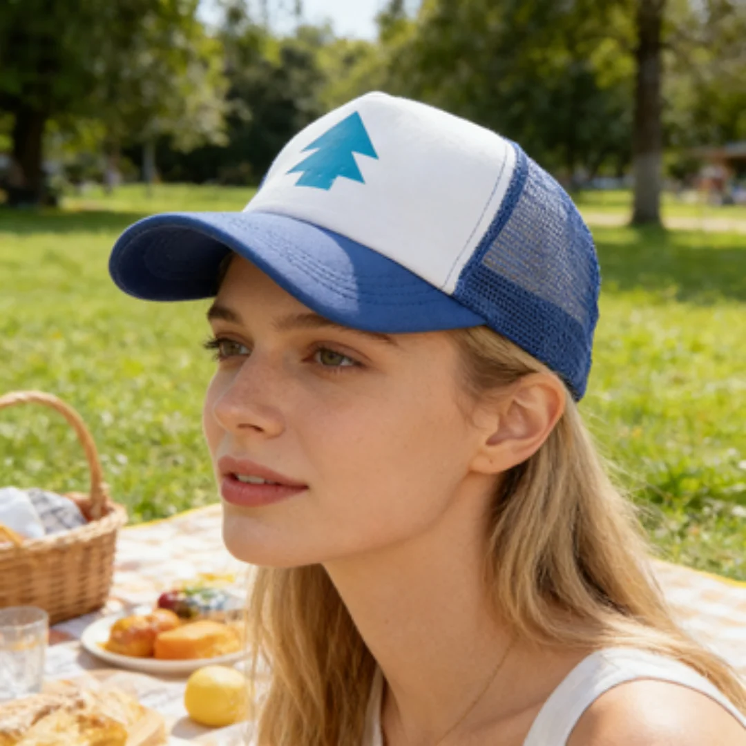 Anime Gravity Falls Dipper Pines Blue Pine Tree Print Trucker-Mütze für Herren und Damen, Cartoon-Cosplay, verstellbare Baseballkappe für den Außenbereich – Detail 16