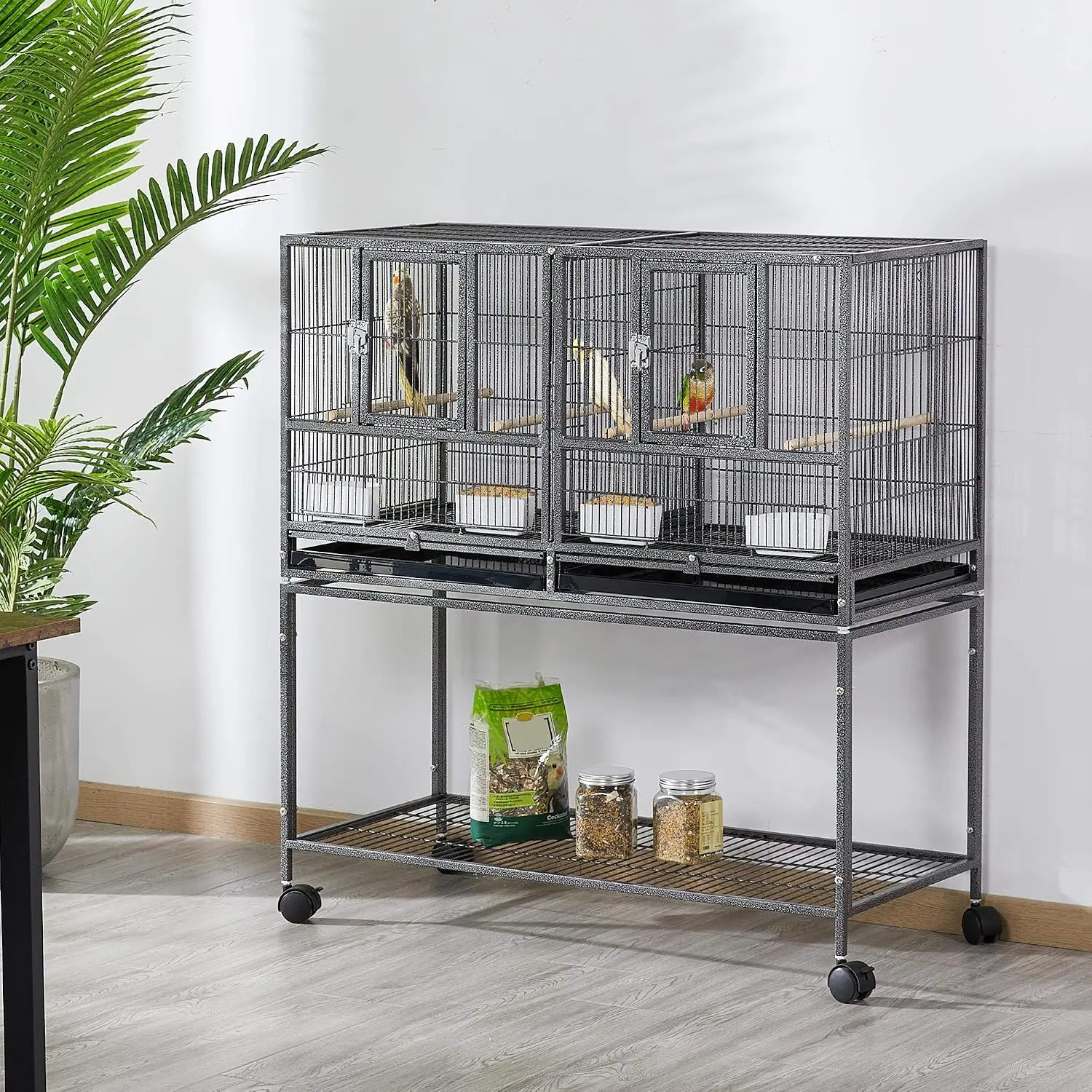 Stackable Divided Breeder Breeding Bird Cage, 41.5-Inch, for Parakeets, Canaries, Cockatiels, Lovebirds, Finches, Budgies & Small Parrots, Includes Black Rolling Stand
